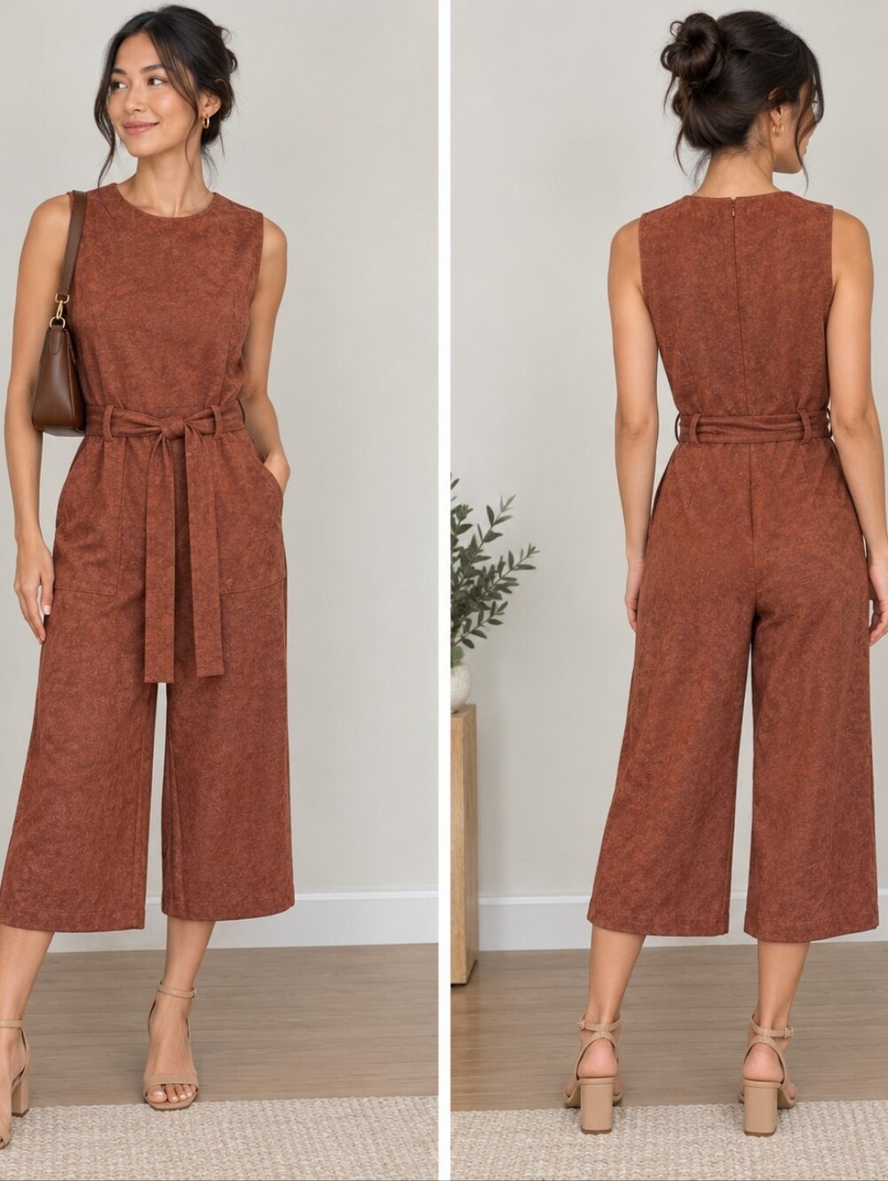 Anthropologie Faux-Suede Belted Jumpsuit in Rust Brown
